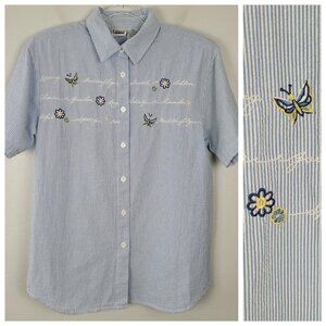 Capacity Size L Vintage Button Up Shirt Short Sleeve Striped Embroidered Blue